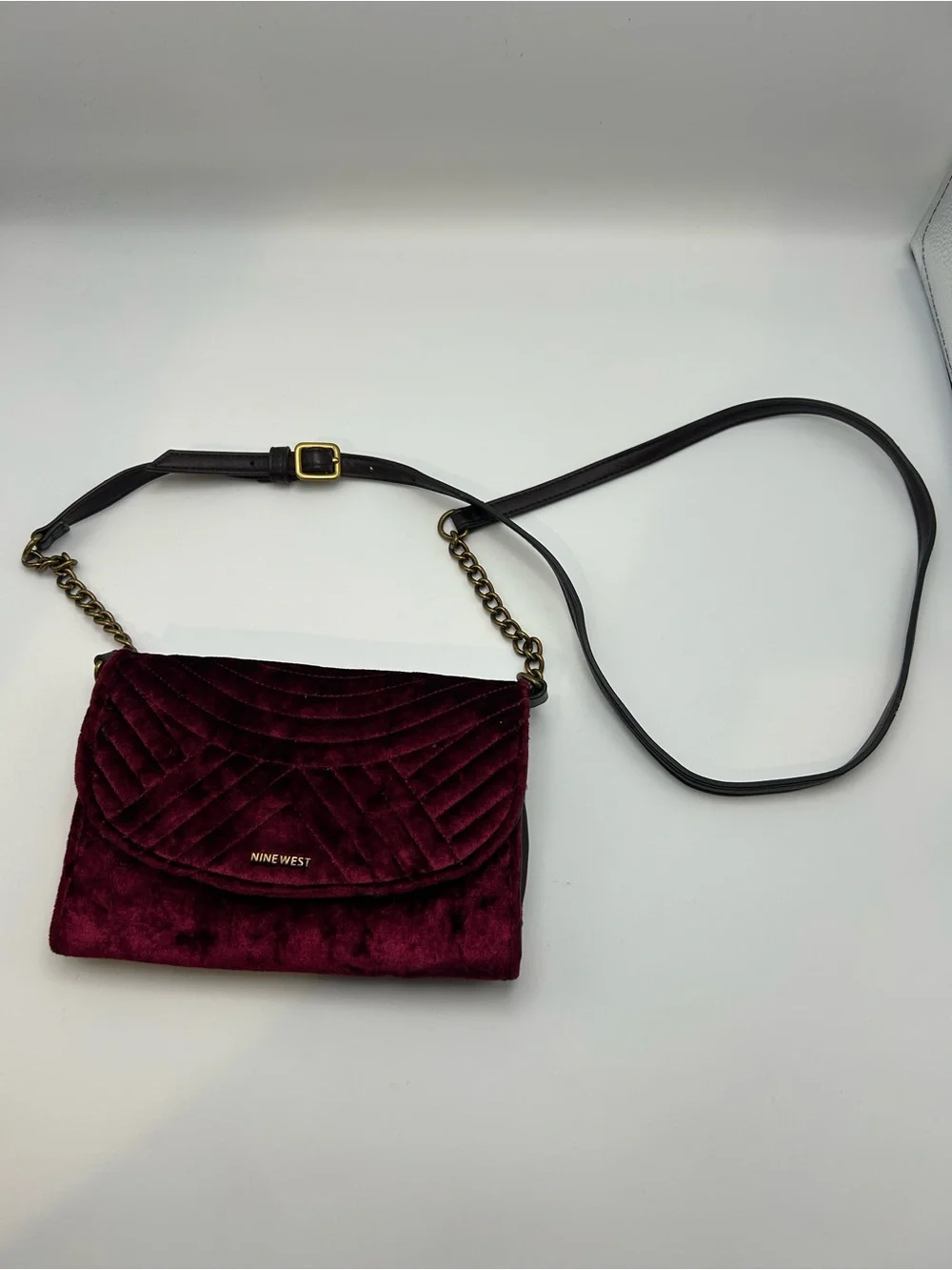 Nine West Quilted Velvet Crossbody Bag in Burgundy with Gold Hardware
